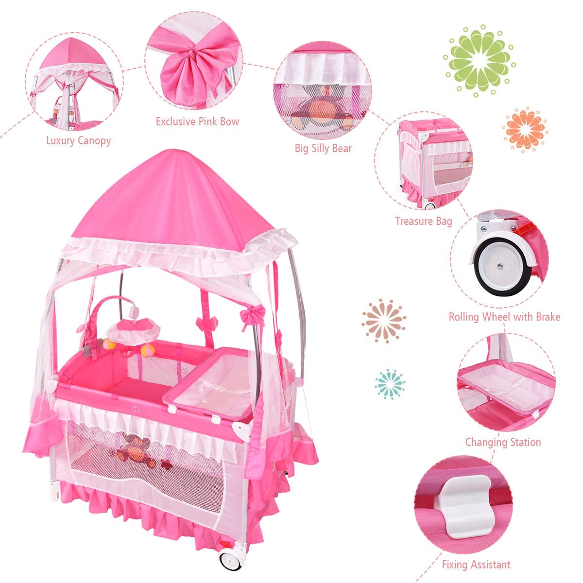 Proactive Baby Baby & Toddler BabyJoy Nursery Center with Foldable Bassinet, Changing Table, Mesh Net with Cute Whirling Toys