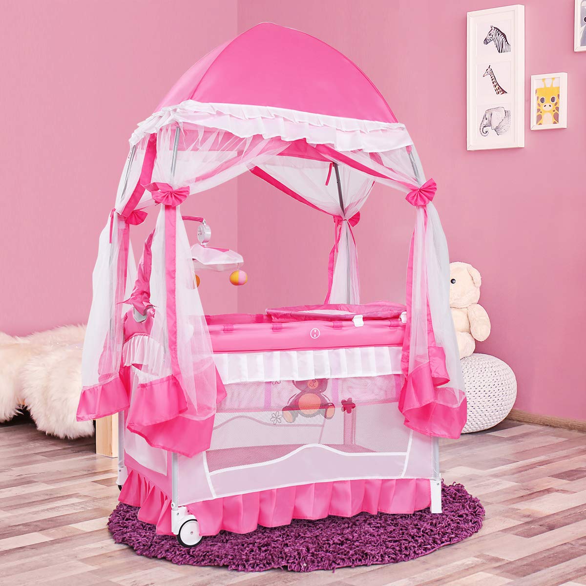 Proactive Baby Baby & Toddler BabyJoy Nursery Center with Foldable Bassinet, Changing Table, Mesh Net with Cute Whirling Toys