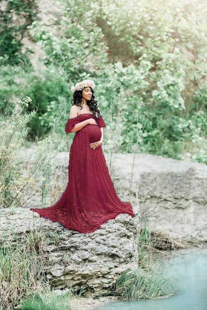 Proactive Baby wine red / S Beautiful Maternity Dresses For Photo Shoot Pregnant Dress Lace Maxi Gown