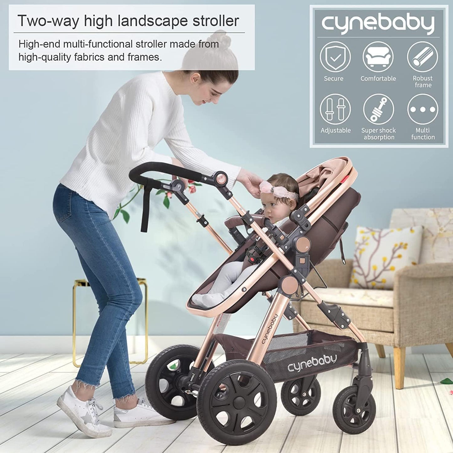 Proactive Baby Cynebaby Convertible Bassinet Stroller Luxury Pram Stroller Added Cup Holder Footmuff and Stroller Tray