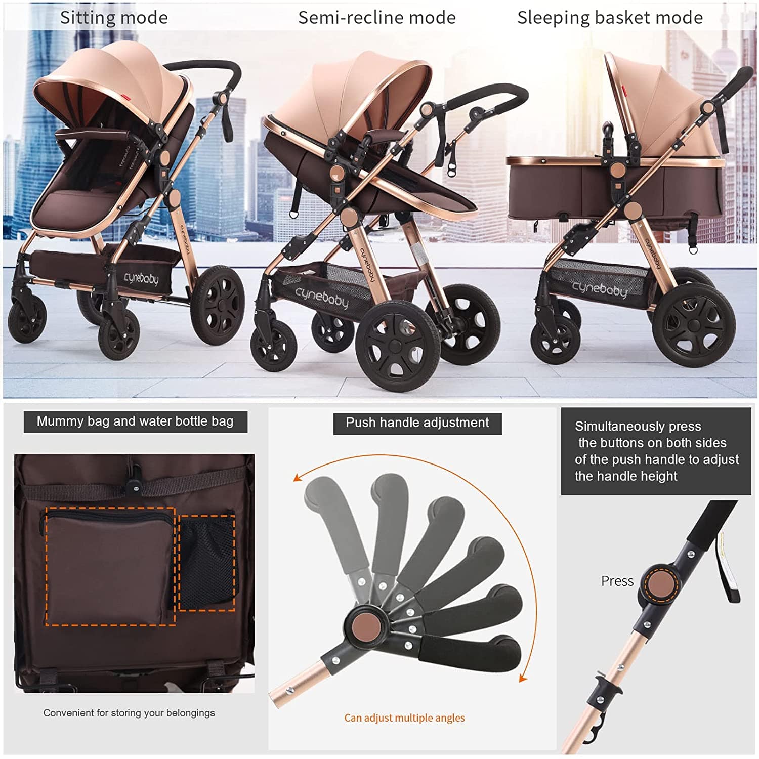 Proactive Baby Cynebaby Convertible Bassinet Stroller Luxury Pram Stroller Added Cup Holder Footmuff and Stroller Tray