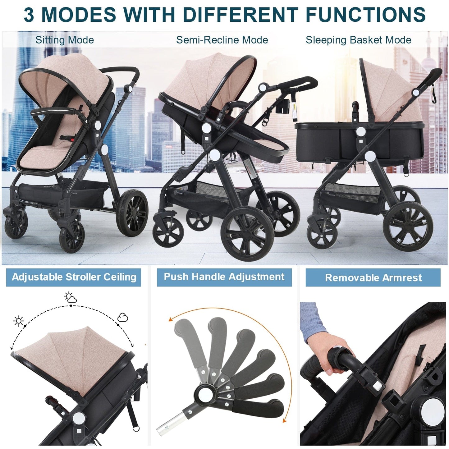 Proactive Baby High-view Baby Stroller With Reversible Cradle And Luxury Seat Three in One, Shockproof, Comfortable and Safe